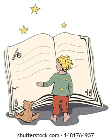 a little blond boy wering a green and red pyjama and his brown teddy bear reading a giant old book on a starry night - flat hand drawn vector illustration  