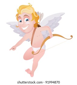 Little blond cupid with bow pointing finger