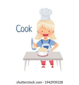 Little Blond Girl In Apron Standing At Kitchen Table And Cooking Porridge In Saucepan Vector Illustration