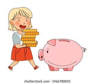 Little Blond Girl Carrying Pile of Coins in Piggy Bank Vector Illustration