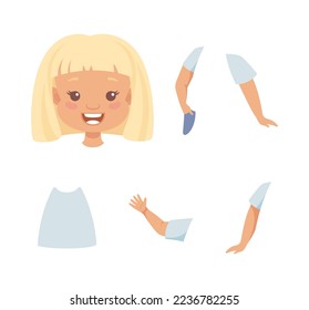 Little Blond Girl Character Constructor with Body Parts and Face Emotion Vector Set