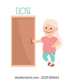 Little Blond Girl Closing Door Demonstrating Vocabulary and Verb Studying Vector Illustration