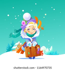 Little Blond Girl in a Coat, Winter Hat with Pom Pom and Mittens Holds in Hands Tourist Suitcase and has Pair of Ski Behind on the Background Snow Capped Fir-Trees and Сottages