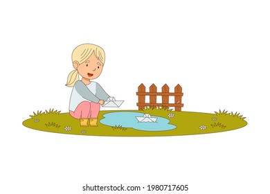 Little Blond Girl Enjoying Spring Season Playing with Paper Boat in Puddle Vector Illustration