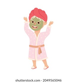 Little Blond Girl in Her Childhood in Bath Robe and Towel on Her Head After Bathing Procedure Vector Illustration