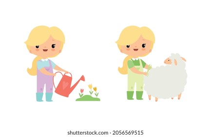 Little Blond Girl in Jumpsuit at Farm Watering Flowers and Shearing Sheep Vector Set