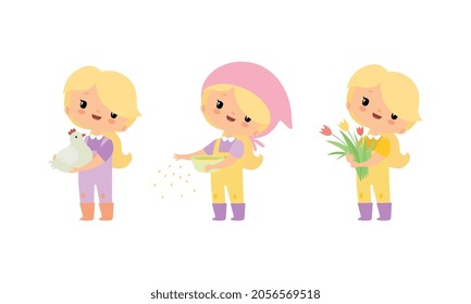 Little Blond Girl in Jumpsuit at Farm Feeding Poultry and Holding Bunch of Tulip Flower Vector Set