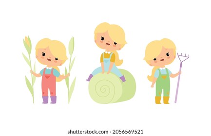 Little Blond Girl in Jumpsuit at Farm with Pitchfork and Sitting on Hay Vector Set