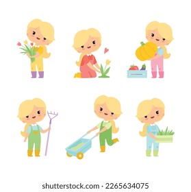 Little Blond Girl in Jumpsuit at Farm Working in the Garden Vector Set