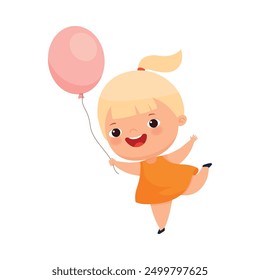 Little Blond Girl with Overweight and Body Fat Holding Toy Balloon Vector Illustration