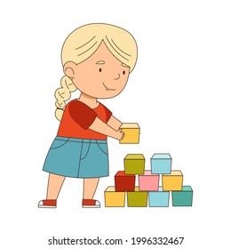 Little Blond Girl Playing Toy Blocks Having Fun On Her Own Enjoying Childhood Vector Illustration