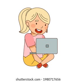 Little Blond Girl with Ponytail Sitting with Laptop and Watching Something Vector Illustration