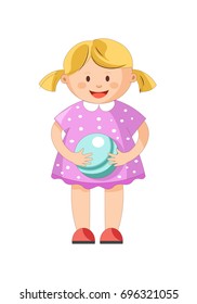 Little blond girl with ponytails in polka dotted dress