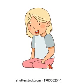 Little Blond Girl Sitting on Her Knees Looking at Something with Interest Vector Illustration