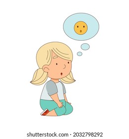 Little Blond Girl Sitting on the Floor with Emotion Face in Bubble Vector Illustration