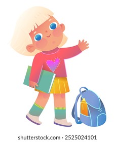 Little Blond Girl Student with Book and Backpack Character Design. Education and learning character cartoon. Vector graphic design illustration for elementary, middle school or kindergarten.