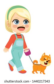 Little blond girl walking cute pet dog happy