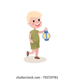 Little blond kid walking with coleman lantern in his hand, summer camp activities svg