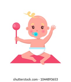 Little blond newborn baby with blue pacifier and pink rattle sits on soft square rug isolated cartoon flat vector illustration on white background.