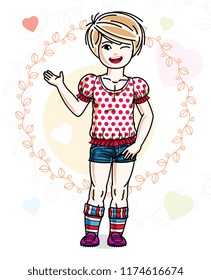Little blonde cute child in wearing different casual clothes and standing on colorful backdrop with hearts. Vector illustration of nice girl.