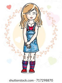 Little blonde cute child in wearing different casual clothes and standing on colorful backdrop with hearts. Vector illustration of nice girl.