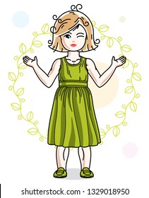 Little blonde cute girl toddler in casual clothes standing on green spring backdrop. Vector illustration of pretty child. 