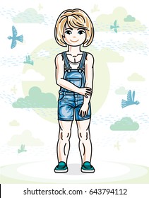 Little blonde cute girl toddler in casual clothes standing on nature backdrop with birds and clouds. Vector illustration of pretty child. 