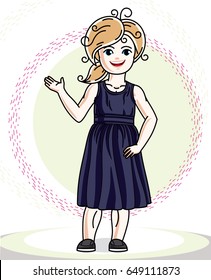 Little blonde cute girl toddler in casual clothes. Vector Illustration of pretty child standing. 