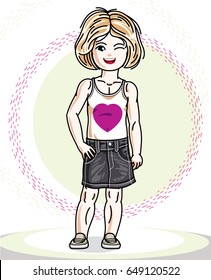 Little blonde cute girl toddler in casual clothes. Vector Illustration of pretty child standing. 