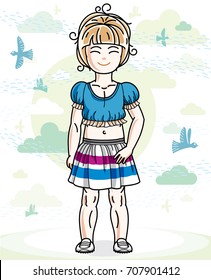 Little blonde cute girl toddler in casual clothes standing on nature backdrop with birds and clouds. Vector illustration of pretty child. 