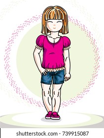 Little blonde cute girl toddler in casual clothes. Vector Illustration of pretty child standing. 