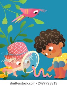 Little blonde girl and African American friend study caterpillar with magnifying glass. Cute girls study and explore nature. Kids vector graphic illustration for children, hand drawn cartoon.