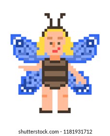 Little blonde girl in a blue butterfly costume, pixel art character isolated on white background. Halloween dress up party personage. Fantastic fairy of nature. 8 bit slot machine/video game graphics.