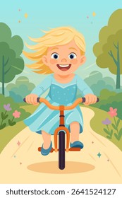 little blonde girl in blue dress riding bike fast on path in park
