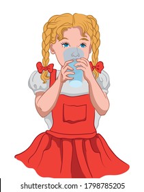 Little blonde girl with blue eyes in red dress and white blouse drinking water from a glass cup. Vector