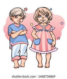 Little blonde girl and boy  wearing pastel color cozy pink nightdress and light blue pajama. Stays sleepy, preparing for beadtime in bedroom. Girl holds right hand in pocket. Happy family. Vector art.