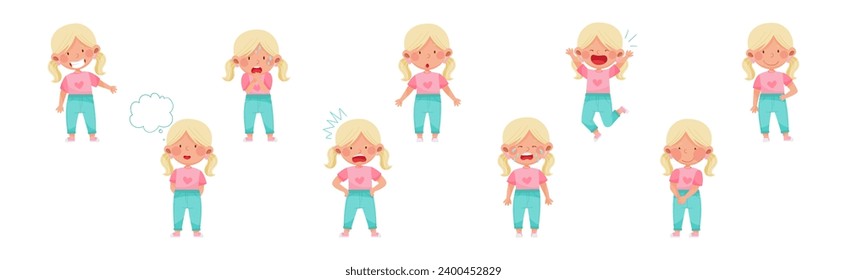 Little Blonde Girl Character with Facial Expression Vector Set