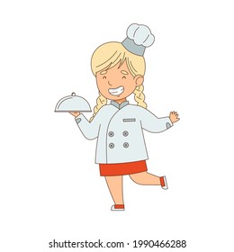 Little Blonde Girl Chef in White Toque and Jacket Holding Tray with Served Appetizing Meal Vector Illustration