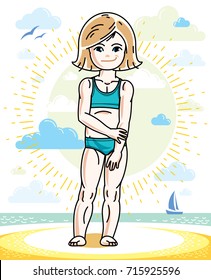 Little blonde girl cute child toddler standing on beach in colorful swimsuit. Vector pretty nice human illustration. Summertime and vacation theme.