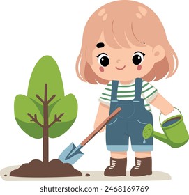 A little blonde girl in denim overalls plants a tree, symbolizing hope and commitment to Earth Day and protecting the environment. Simple flat style.