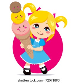 Little blonde girl eating a sweet and cute three flavor ice cream cone