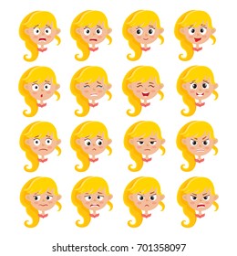 Little blonde girl face expression, set of cartoon vector illustrations isolated on white background. Set of kid emotion face icons, facial expressions.