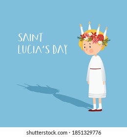 Little Blonde Girl With Floral Wreath And Candle Crown And Long Shadow. Saint Lucia. Swedish Christmas Tradition, Vector Illustration Background, Flat Design.