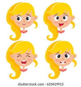 Little blonde girl happy face expression, set of cartoon vector illustrations isolated on white background. Set of happy kid emotion face icons, facial expressions.