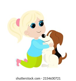 Little blonde girl hugging a beagle dog. The child is sitting on his lap, smiling and happy. The girl is dressed in trousers and a blouse. Friendship between man and dog.