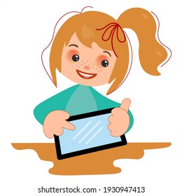 Little Blonde Girl And IPad. Baby With A Tablet In Her Hands.Vector Isolated Illustration On White Background.