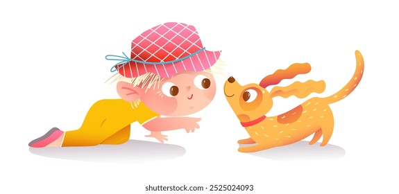 Menina loira brincando de rastejar com seu cachorro ou filhote. Linda criança seu cachorro, escola primária e desenho animado jardim de infância. Ilustração de design gráfico vetorial para crianças e animais.