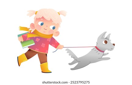 Menina Loira Brincando e andando com Cachorro ou Cachorro na coleira. Cachorro bonito de criança segurando e seu cão, escola primária e jardim de infância desenhos animados. Ilustração de design gráfico vetorial para crianças.