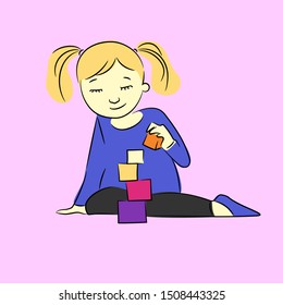 a little blonde girl with ponytails plays with her multicolored cubes and smiles happily