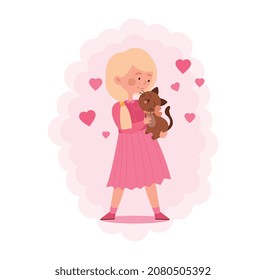 Little blonde girl with pretty cat concept. Child in pink dress holds cute fluffy kitten in her hands. Female character loves animals and takes care of them. Cartoon modern flat vector illustration